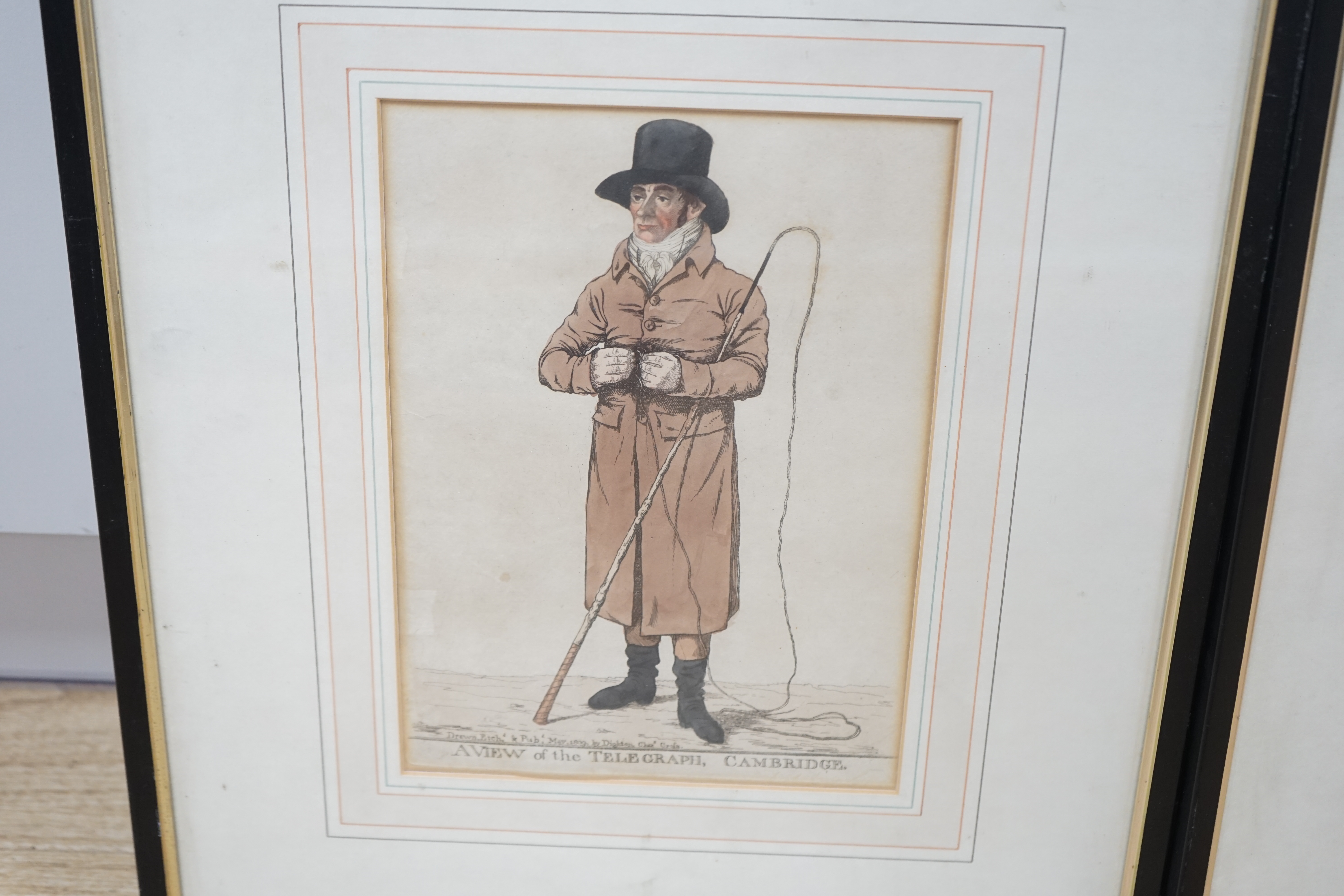 After Robert Dighton (1752-1814), set of three colour etchings, comprising a ‘View from Baxter's Livery Stables, Cambridge’, ‘View of the Telegraph’ and ‘View from Magdalen College’, published 1809 and 1810, details vers